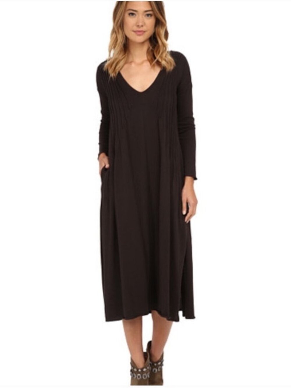 Free People Sophie Brown Cotton Pleated V-Neck Long Sleeve Midi Dress M